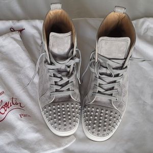 Mens Christian Louboutin Spike Embellished suede high top trainers light gray